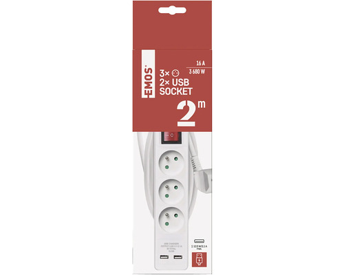 Predlžovací kábel Emos s tromi zásuvkami a dvoma USB portami, dĺžka kábla 2 metre