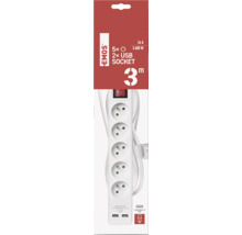 Predlžovací kábel s piatimi zásuvkami a dvoma portami USB, dĺžka kábla tri metre