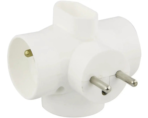 Biely adaptér Schuko zástrčky s tromi zásuvkami na distribúciu energie.