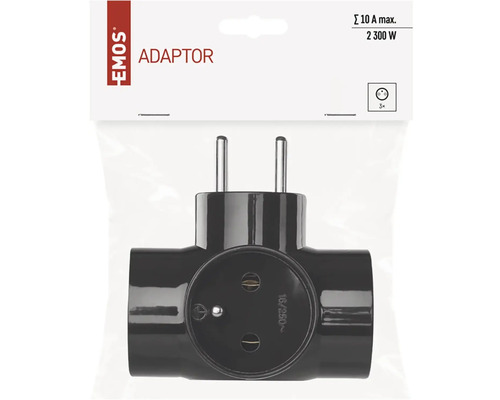 Čierny trojitý adaptér zástrčky od spoločnosti Emos v obale