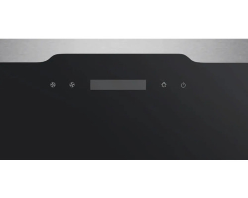 Ovládací panel digestora so symbolmi pre ventilátor, displej, svetlo a vypínač