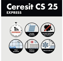 Vlastnosti Ceresit CS 25 Express: rýchle vytvrdnutie, vysoká flexibilita, odolnosť proti plesniam, odolnosť proti vlhkosti, vhodné pre balkóny a terasy, mrazuvzdorné