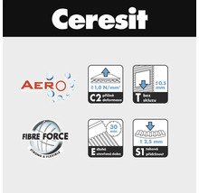 Vlastnosti produktu Ceresit: Technológia Aero, Fibre Force, deformácia C2, T bez skĺznutia, otvorená doba E 30 minút, priľnavosť v ťahu S1