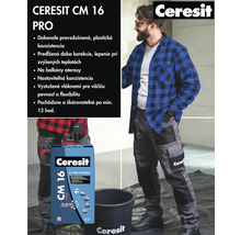Ceresit CM 16 Pro flexibilné lepidlo na obklady v aplikačnom príklade s remeselníkom, vedrom a náradím