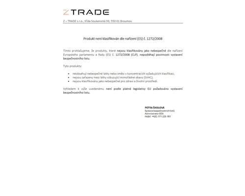 Logo ZTrade. Vyhlásenie, že výrobok nie je klasifikovaný podľa nariadenia (ES) číslo 1272/2008.