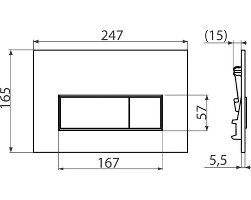 Technický výkres ovládacieho panela pre toaletu s rozmermi.