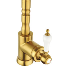 Zlatá umývadlová batéria s bielou rukoväťou