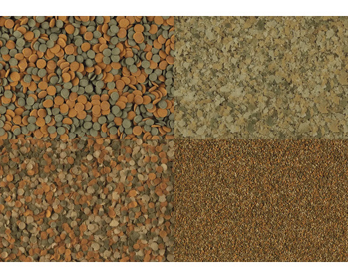 Detailný záber krmiva pre ryby v rôznych tvaroch