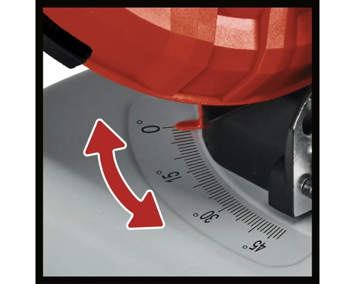 Detailný záber pokosovej píly so stupňovým delením a šípkou