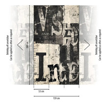 Nástenná maľba s motívom novinových článkov a písmen, 280 x 159 cm