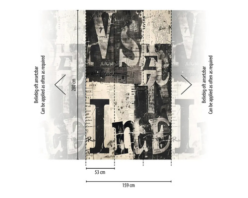 Nástenná maľba s motívom novinových článkov a písmen, 280 x 159 cm