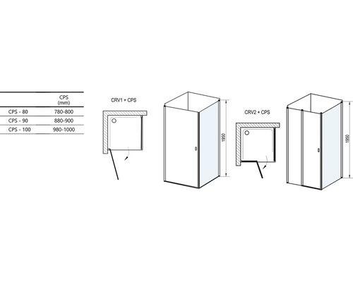 Technické nákresy variant sprchovacích kútov s rozmermi
