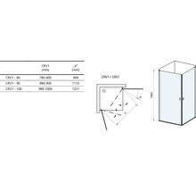 Technický nákres sprchovacieho kúta s rozmermi a špecifikáciami