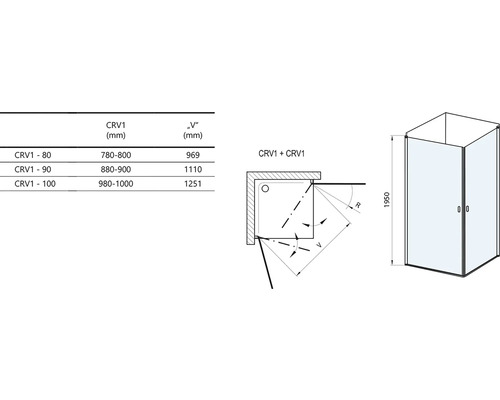 Technický nákres sprchovacieho kúta s rozmermi a špecifikáciami