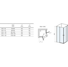 Technický nákres rohového sprchovacieho kúta s rozmermi