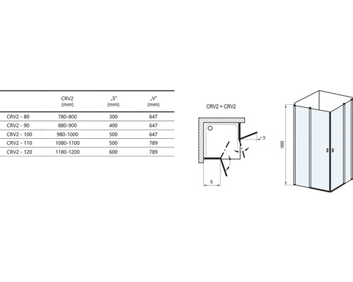 Technický nákres rohového sprchovacieho kúta s rozmermi