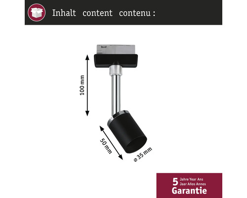 Detail koľajnicového bodového svetla s rozmermi 100 mm, 50 mm a 35 mm.