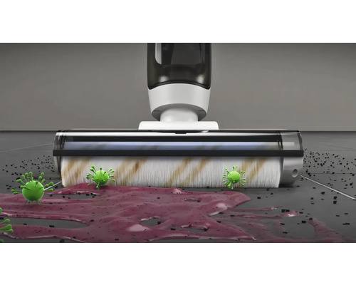 Pohľad zhora na podlahový umývací vysávač, ktorý vysáva tekutiny a nečistoty z podlahy, s vyobrazením baktérií.