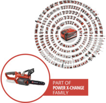 Rad akumulátorov Einhell Power X-Change s reťazovou pílou a akumulátorom