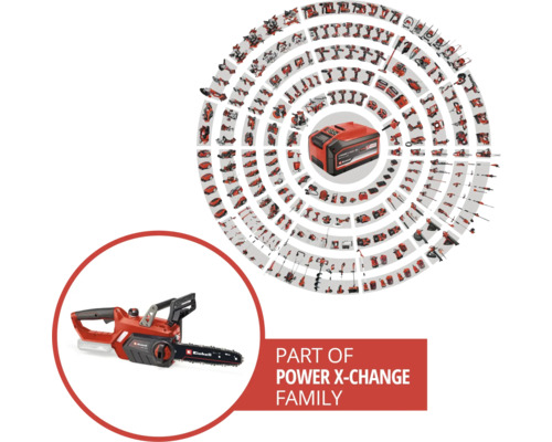 Rad akumulátorov Einhell Power X-Change s reťazovou pílou a akumulátorom