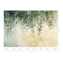 Nástenná maľba s motívom botanických listov a údajmi o veľkosti