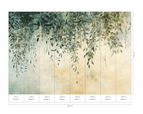 Nástenná maľba s motívom botanických listov a údajmi o veľkosti