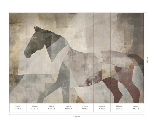 Nástenná maľba s abstraktným motívom koňa, pozostávajúca z ôsmich panelov