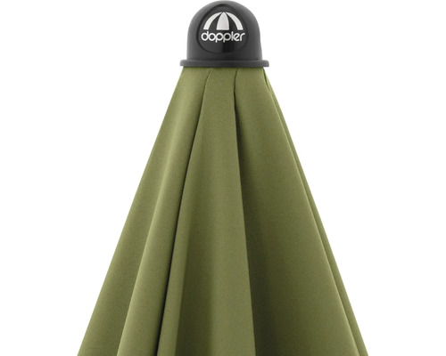 Detailný pohľad na zatvorený slnečník s logom Doppler