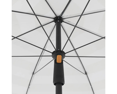 Detailný pohľad na priehľadný dáždnik s čiernym rámom a rukoväťou