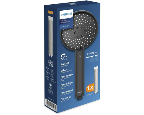 Sprchová hlavica s filtrom Philips ASH1516BK s tromi režimami prúdu v obale produktu