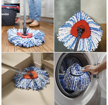 Obrázková montáž podlahového mopu v rôznych aplikačných scenároch a pranie hlavice mopu v práčke.