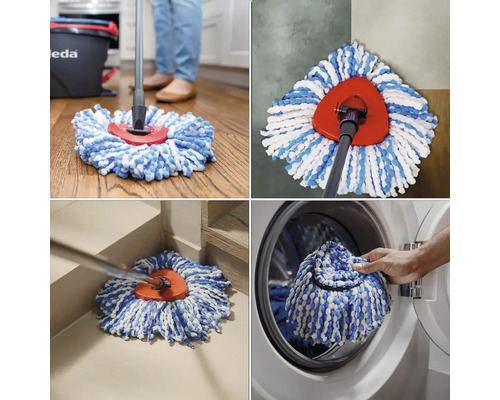 Obrázková montáž podlahového mopu v rôznych aplikačných scenároch a pranie hlavice mopu v práčke.