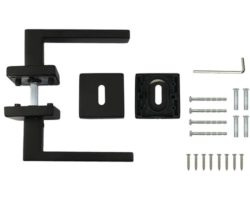 Čierna kľučka dverí s montážnym príslušenstvom