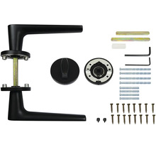 Sada dverového kovania s kľučkou, rozetou, skrutkami a montážnym príslušenstvom