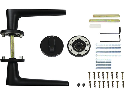 Sada dverového kovania s kľučkou, rozetou, skrutkami a montážnym príslušenstvom
