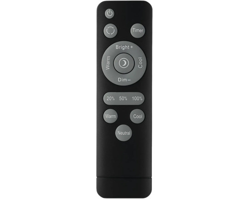 Čierny diaľkový ovládač s tlačidlami na zapnutie a vypnutie, časovač, jas, funkciu stmievania a teplotu farieb