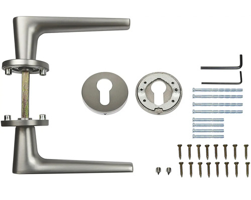 Sada dverového kovania s kľučkami, rozetami, skrutkami a upevňovacím materiálom