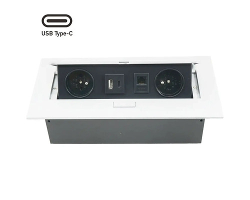 Stolný pripojovací box s USB typ C konektorom, zásuvkami a sieťovým pripojením