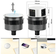Zápustná zásuvková lišta s USB portami a funkciou bezdrôtového nabíjania, s rozmermi