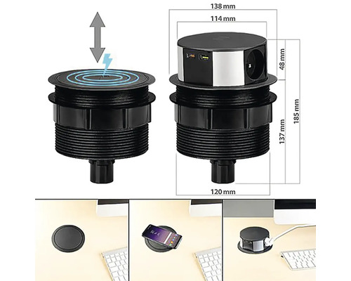 Zasúvacia zásuvková jednotka s USB portami a funkciou bezdrôtového nabíjania, rozmery zobrazené