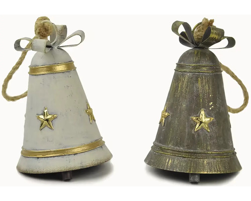 Dva ozdobné zvony s hviezdami a jutovým lanom na zavesenie