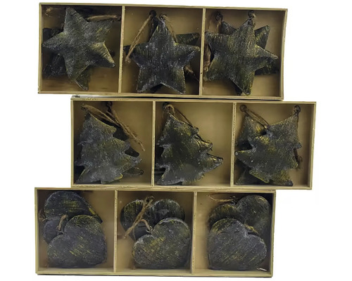 Drevená krabička s ozdobami na vianočný stromček v tvare hviezd, stromčekov a sŕdc