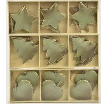 Sada ozdôb na vianočný stromček s motívmi hviezd, stromov a sŕdc v drevenej krabičke