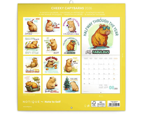 Kalendár Cheeky Capybaras 2026, 16-mesačný kalendár s ilustráciami kapybár s mottom