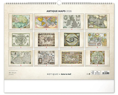 Nástenný kalendár Antique Maps 2026 s motívmi historických máp
