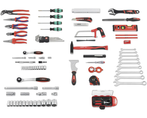 Sortiment rôznych ručných nástrojov, vrátane klieští, skrutkovačov, kladiva, kľúčov a meracích nástrojov