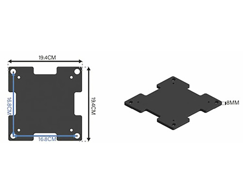 Obrázok montážnej dosky s rozmermi 19,4 x 19,4 cm a veľkosťou otvoru 8 mm.