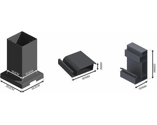 Obrázok produktu s rozmermi pre stĺpiky plotu, krytku a držiak.