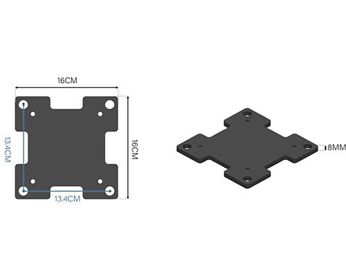 Obrázok montážnej dosky s rozmermi 16 x 16 cm s montážnymi otvormi.