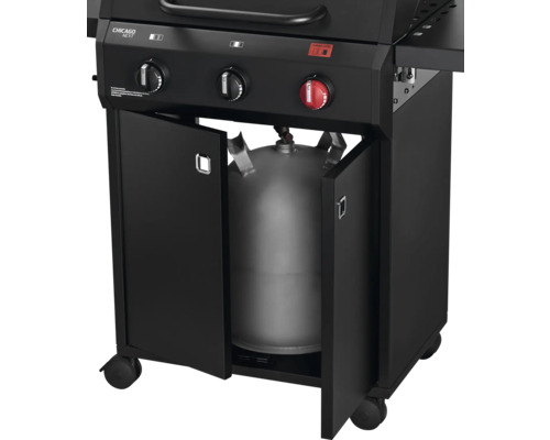 Plynový gril Chicago Next s otvorenými dvierkami, zobrazuje plynovú fľašu